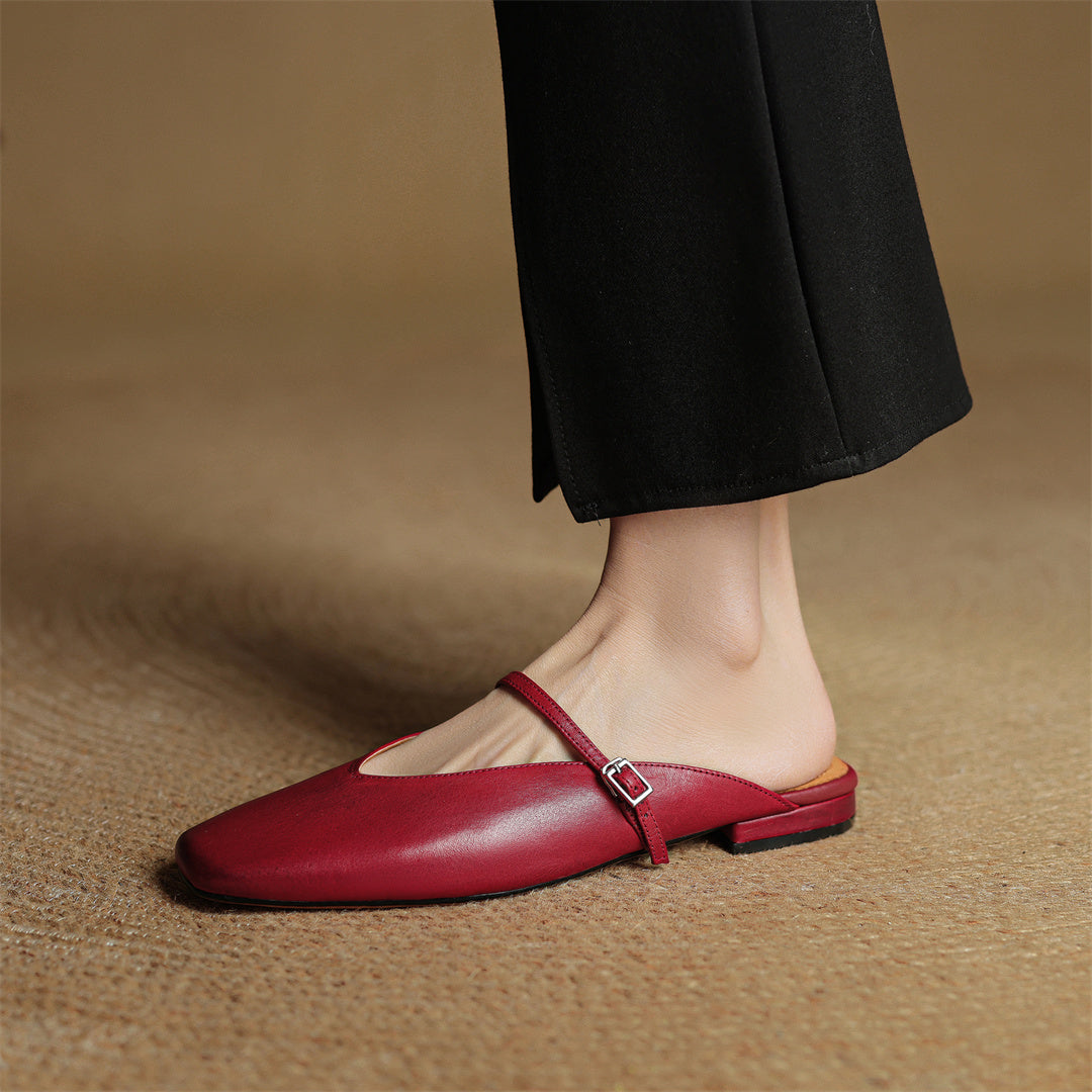 Square Toe Buckle Strap Flat Mules