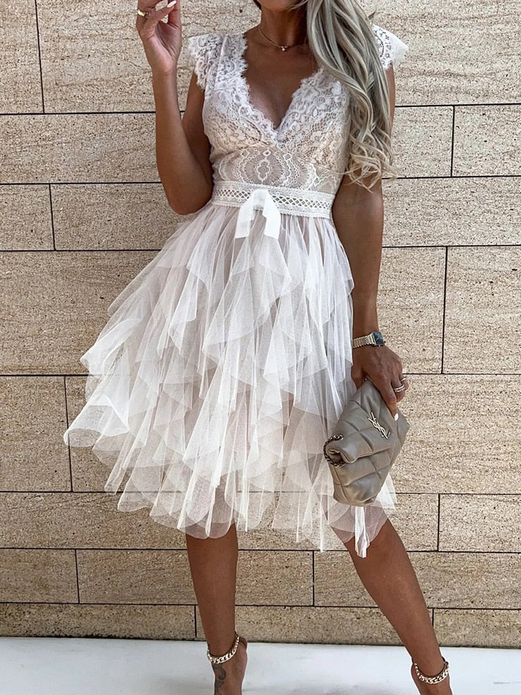 Lace Deep V-Neck Cap Sleeve Bow Waist Tiered Tulle Mini Dress