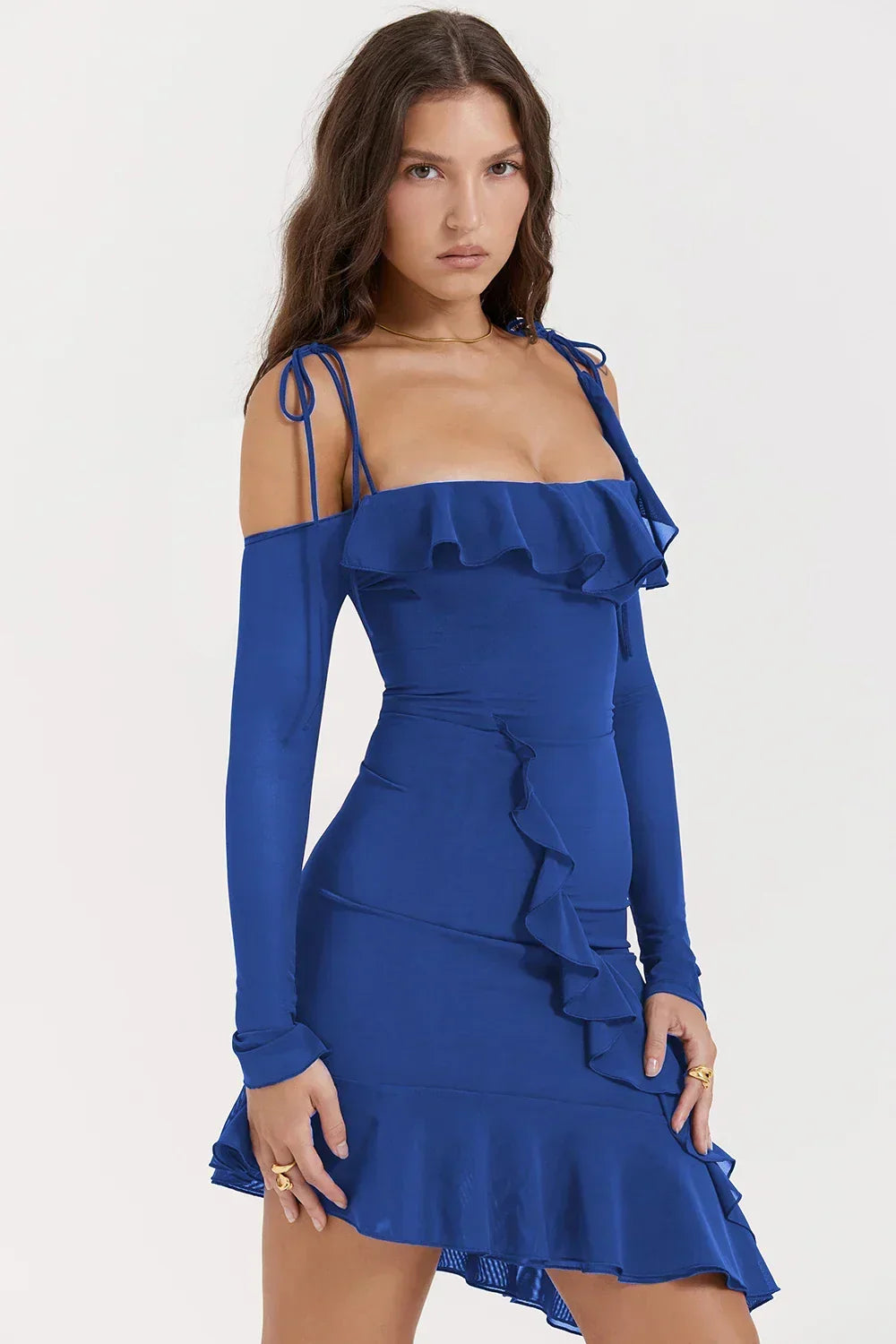 Cold Shoulder Long Sleeve Ruffle Trim Asymmetric Hem Bodycon Mini Dress 29