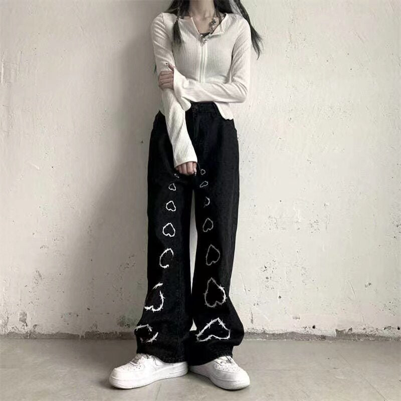 Mojoyce High Street Hot Girl Vintage Heart Print High Waist Straight Goth Baggy Jeans Woman Y2K Clothes Wide Leg Denim Pants