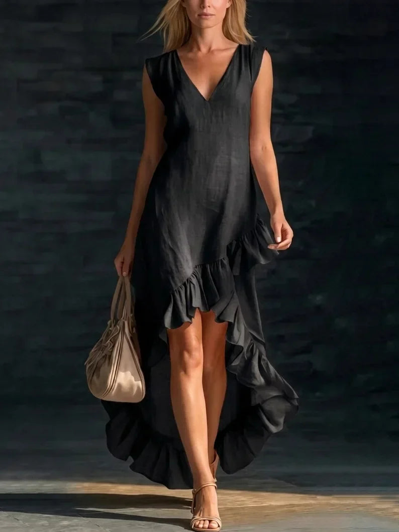 V-Neck Sleeveless Ruffle Hem High Low Maxi Dress