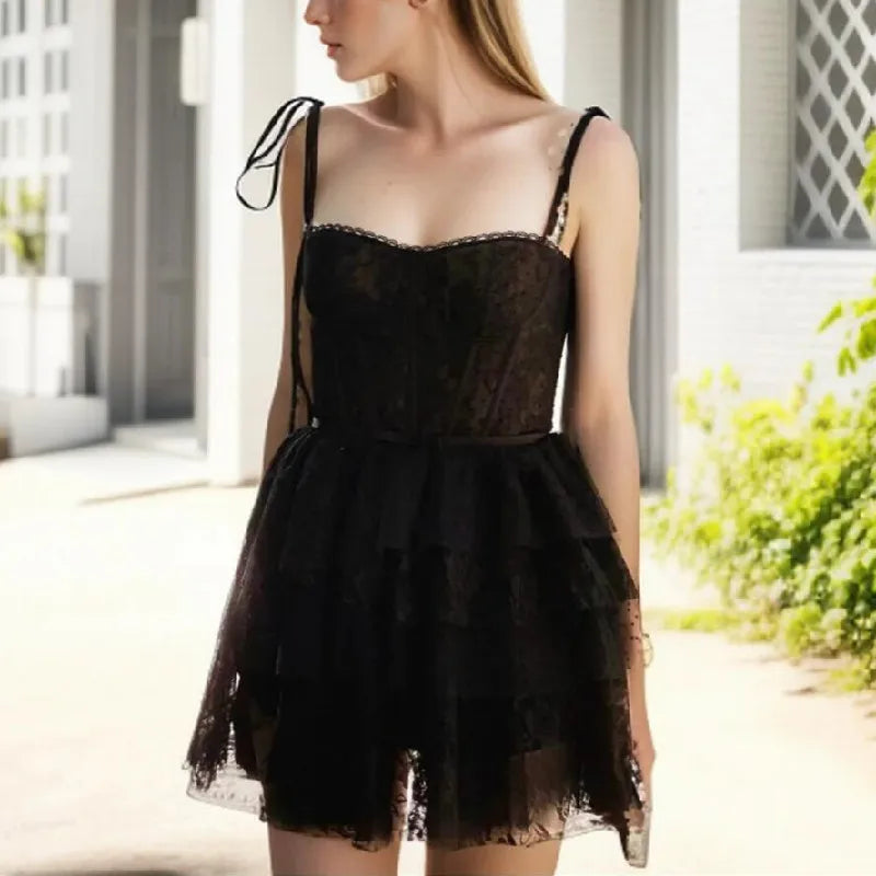 Lace Sweetheart Neck Tie Strap Corset Tiered Ruffle Mini Dress 2