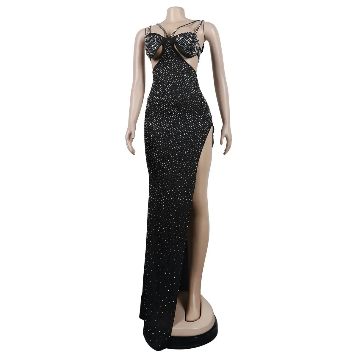 Spaghetti Strap Mesh Black Long Dress - View 7