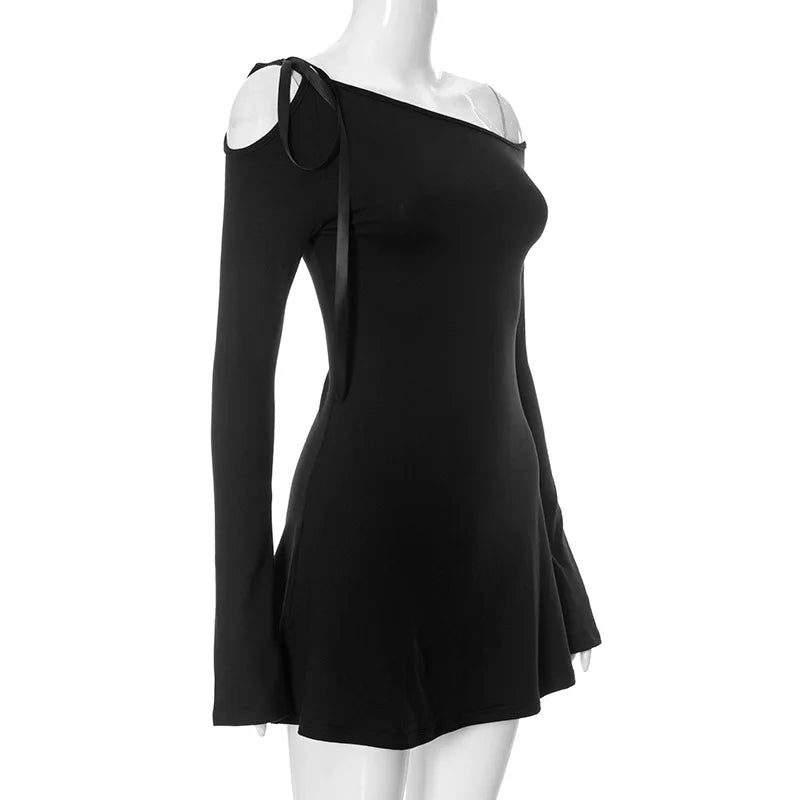 Asymmetric Off Shoulder Long Sleeve Ribbon Tie A-Line Mini Dress 9