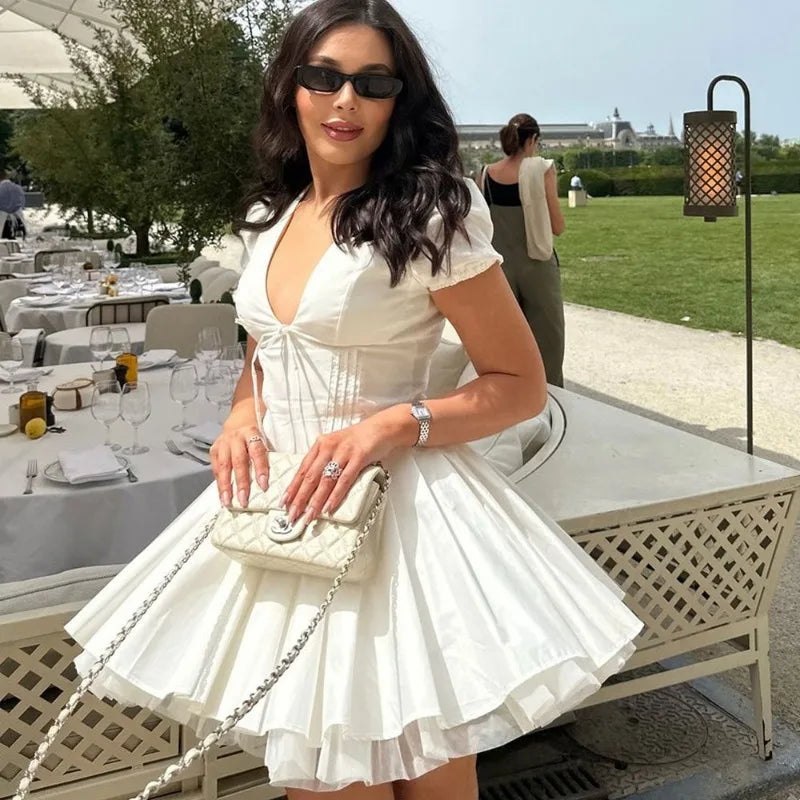 Deep V-Neck Puff Sleeve Corset Fit and Flare Mini Dress