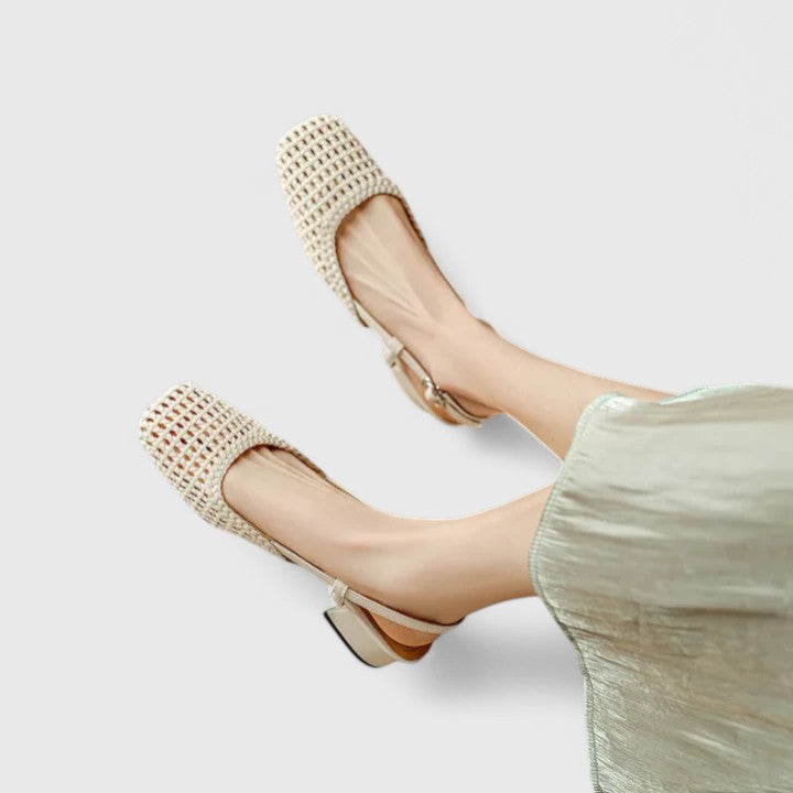 Woven Square Toe Slingback Block Heel Pumps