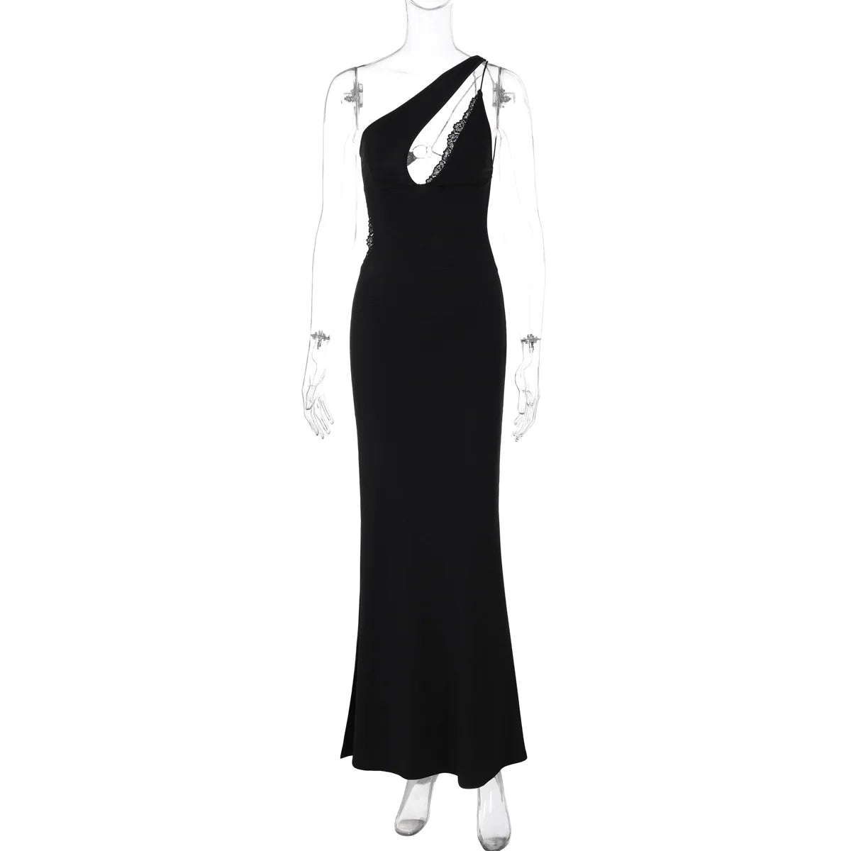 One Shoulder Keyhole Cut Out Lace Trim High Split Maxi Dress 8