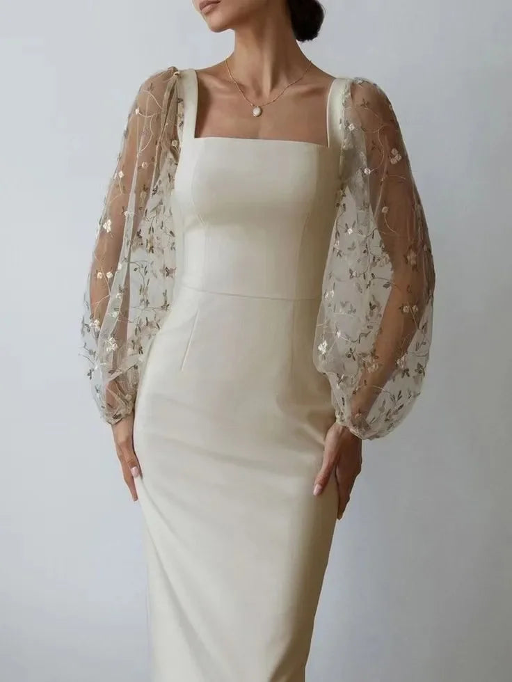 Selena Aesthetic Evening and Party Dress with Square Neckline and Long Sleeves Premium Wardrobe Essential