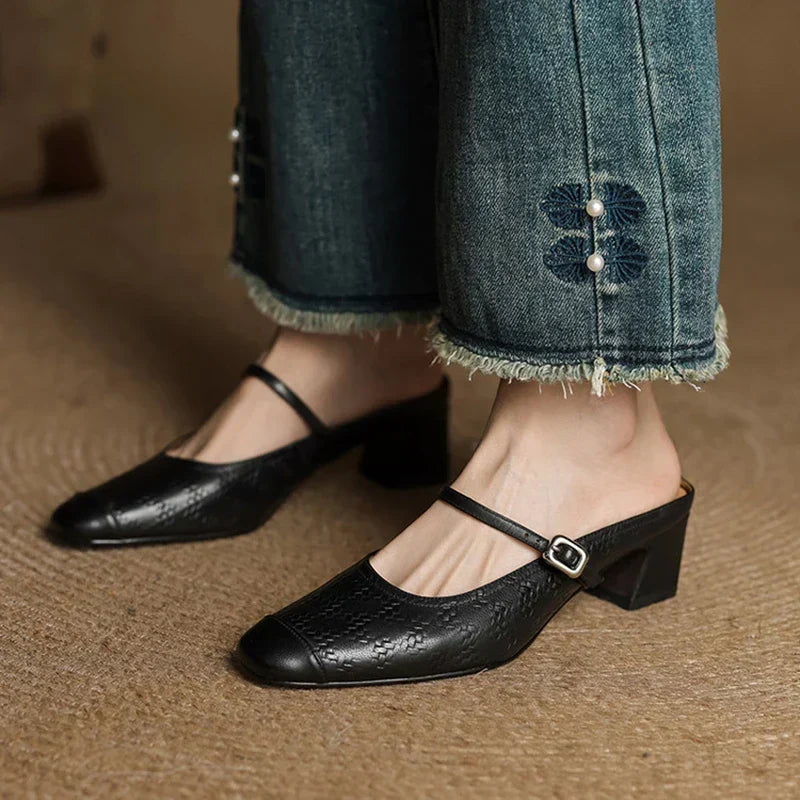 Embossed Square Toe Buckle Strap Block Heel Mary Jane Pumps