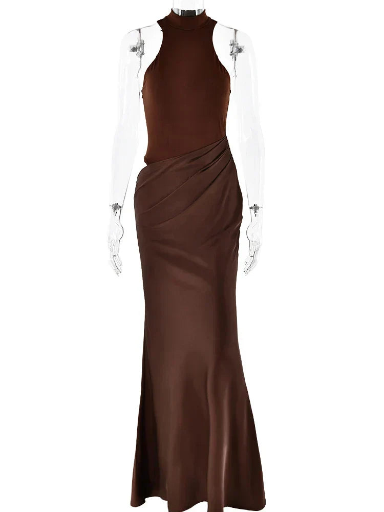 Halter Neck Sleeveless Ribbed Bodice Draped Waist Satin Maxi Gown