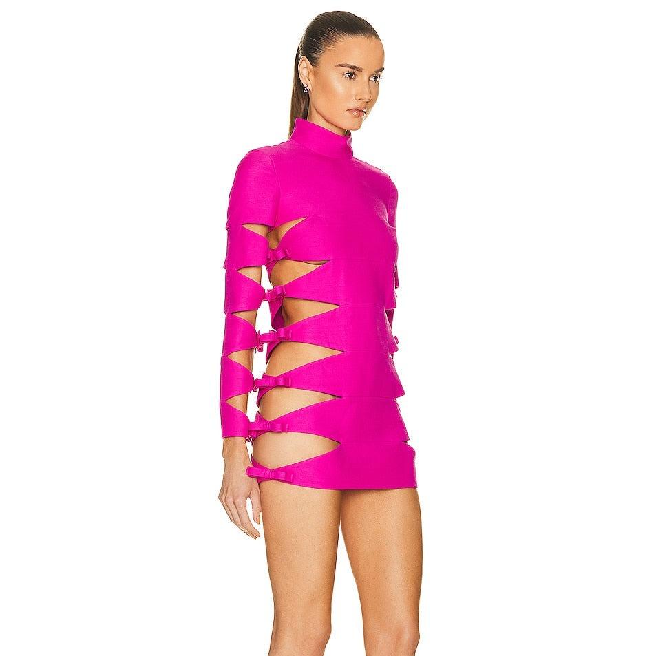 Long Sleeve Turtleneck Side Cut Out Bow Detail Bodycon Mini Dress