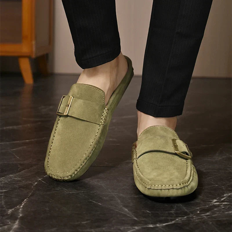 Suede-Look Buckle Backless Loafer Mules