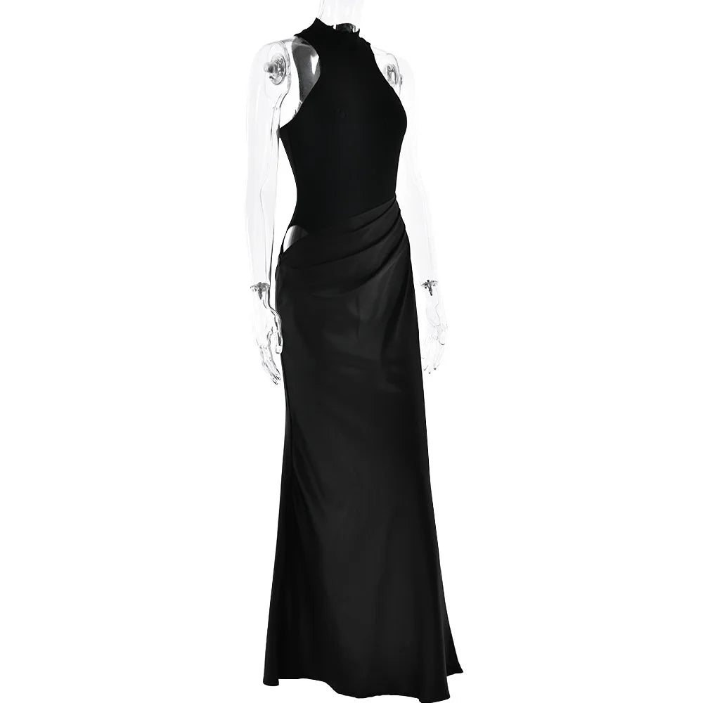 Halter Neck Sleeveless Ribbed Bodice Draped Waist Satin Maxi Gown