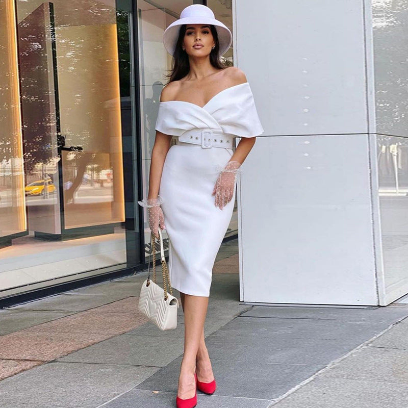 Satin Deep V-Neck Batwing Sleeve Belted Bodycon Midi Dress