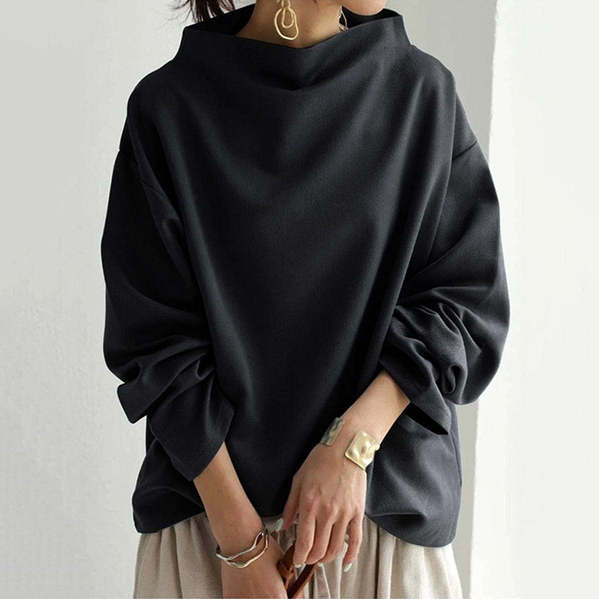 Mock Neck Long Sleeve Drop Shoulder Top