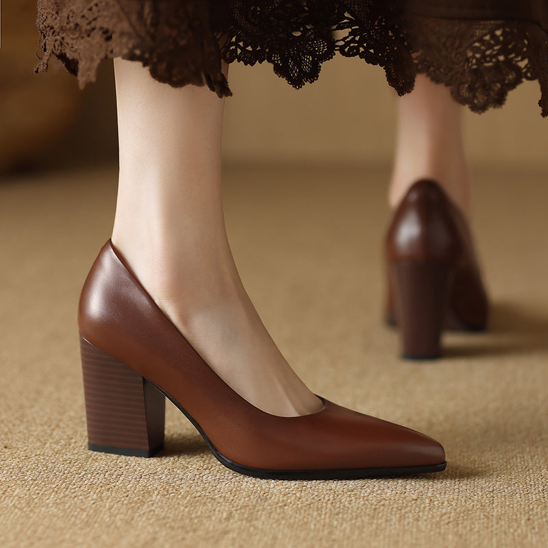 Pointed Toe Block Heel Slip On Leather Look Pumps
