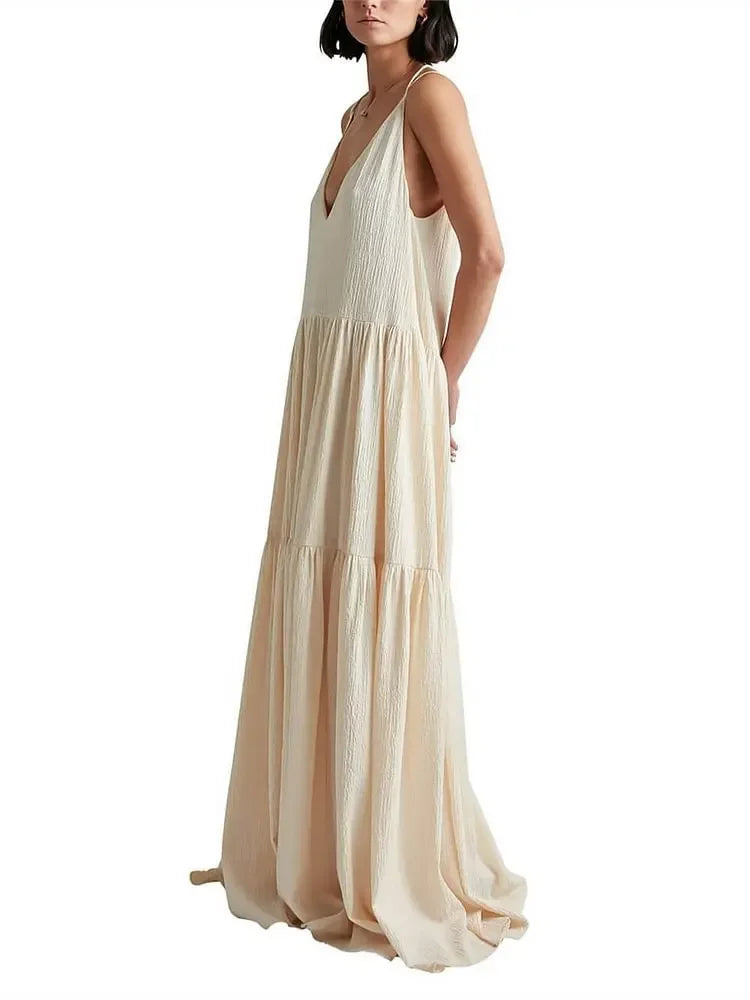 Spaghetti Strap Deep V-Neck Tiered Gauze Crinkle Texture Flowy Maxi Summer Dress