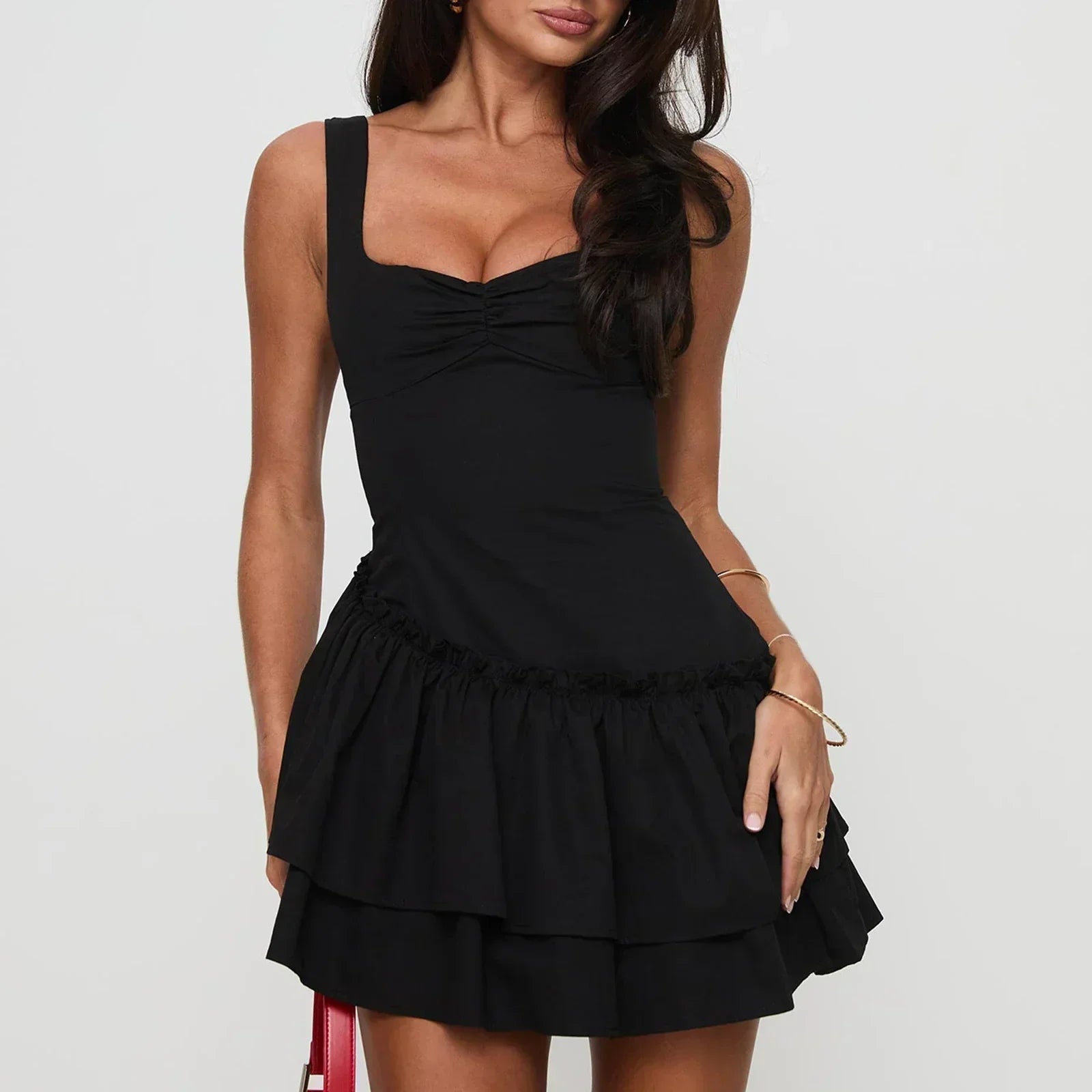 Wide Strap Corset Bodice Tiered Ruffle Asymmetric Hem Mini Dress