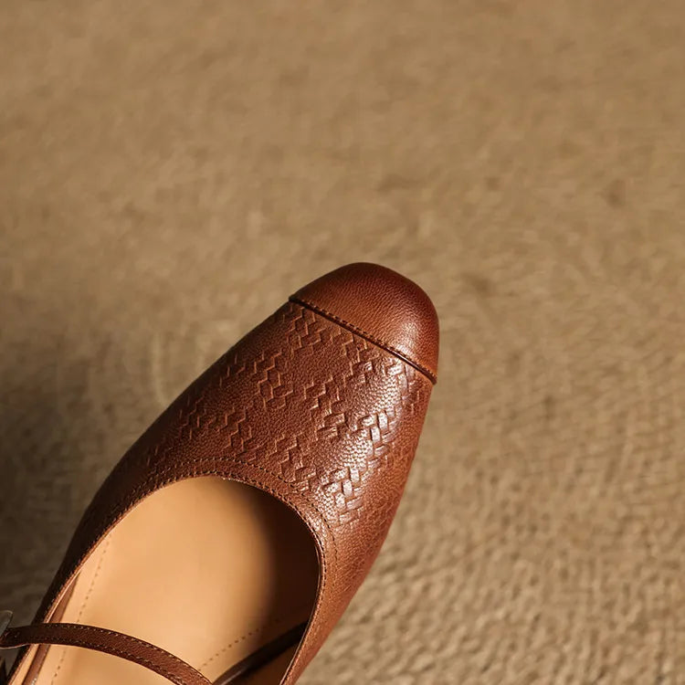 Embossed Square Toe Buckle Strap Block Heel Mary Jane Pumps