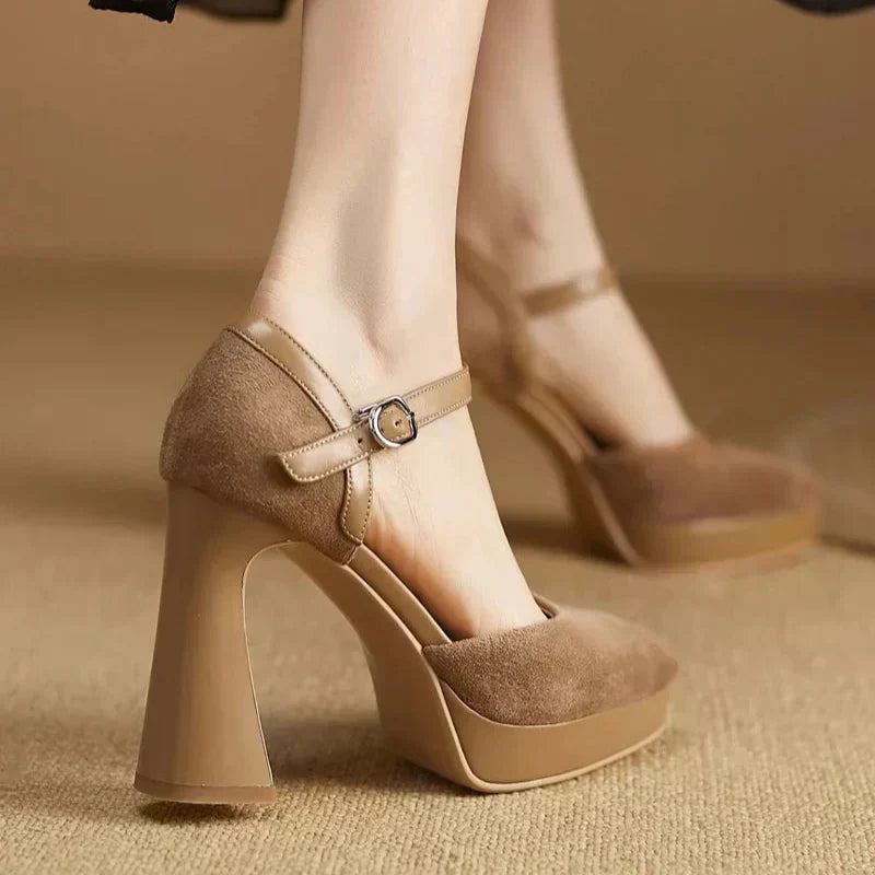 Suede Ankle Strap Platform Block Heel Pumps