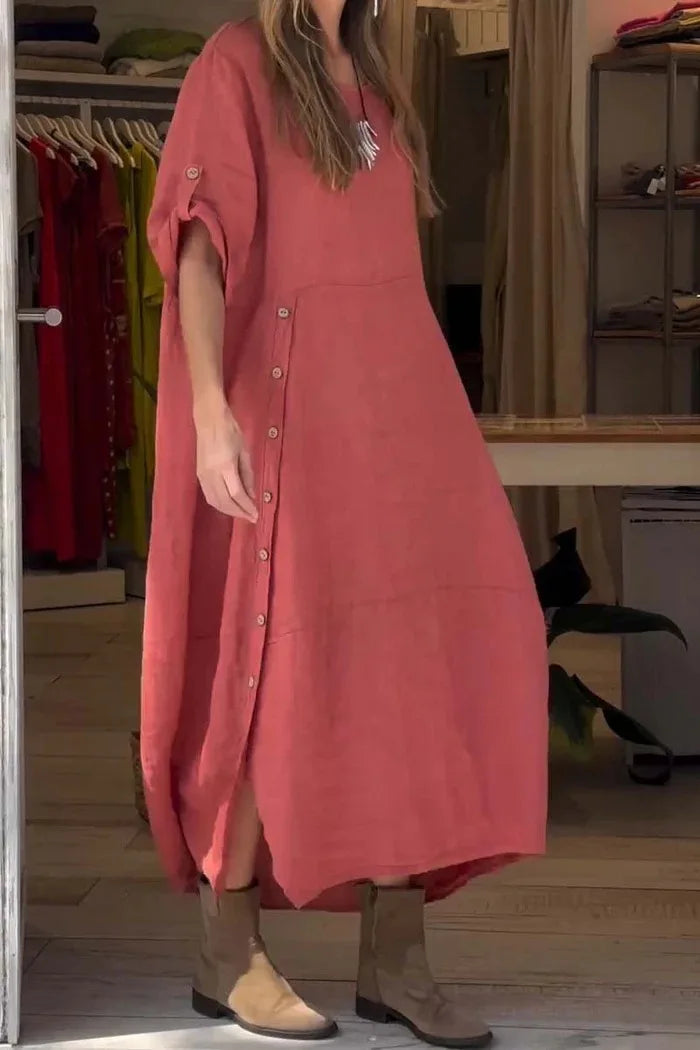 V-Neck Roll Tab Sleeve Pocket Oversized Maxi Dress