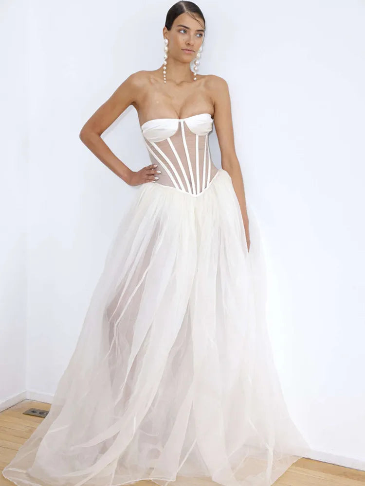 Strapless Mesh White A Line Maxi Long Dress - View 4