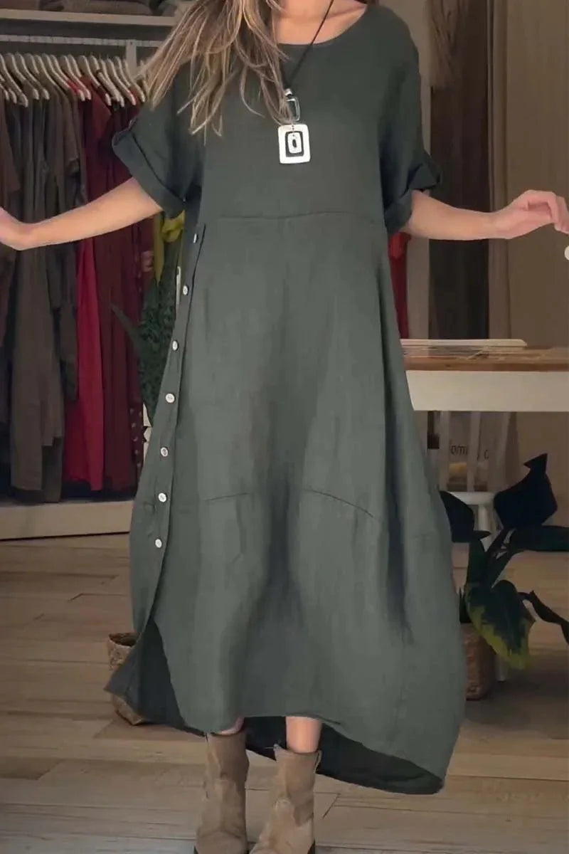 V-Neck Roll Tab Sleeve Pocket Oversized Maxi Dress