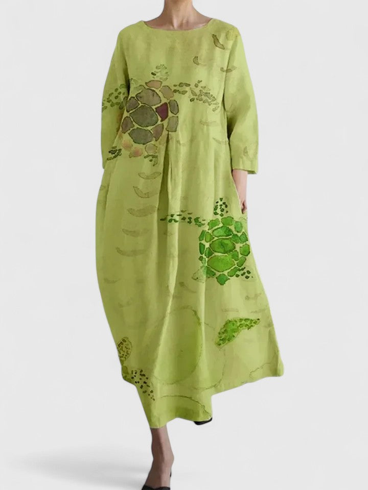 Floral Round Neck Pleated Pocket Maxi Dress