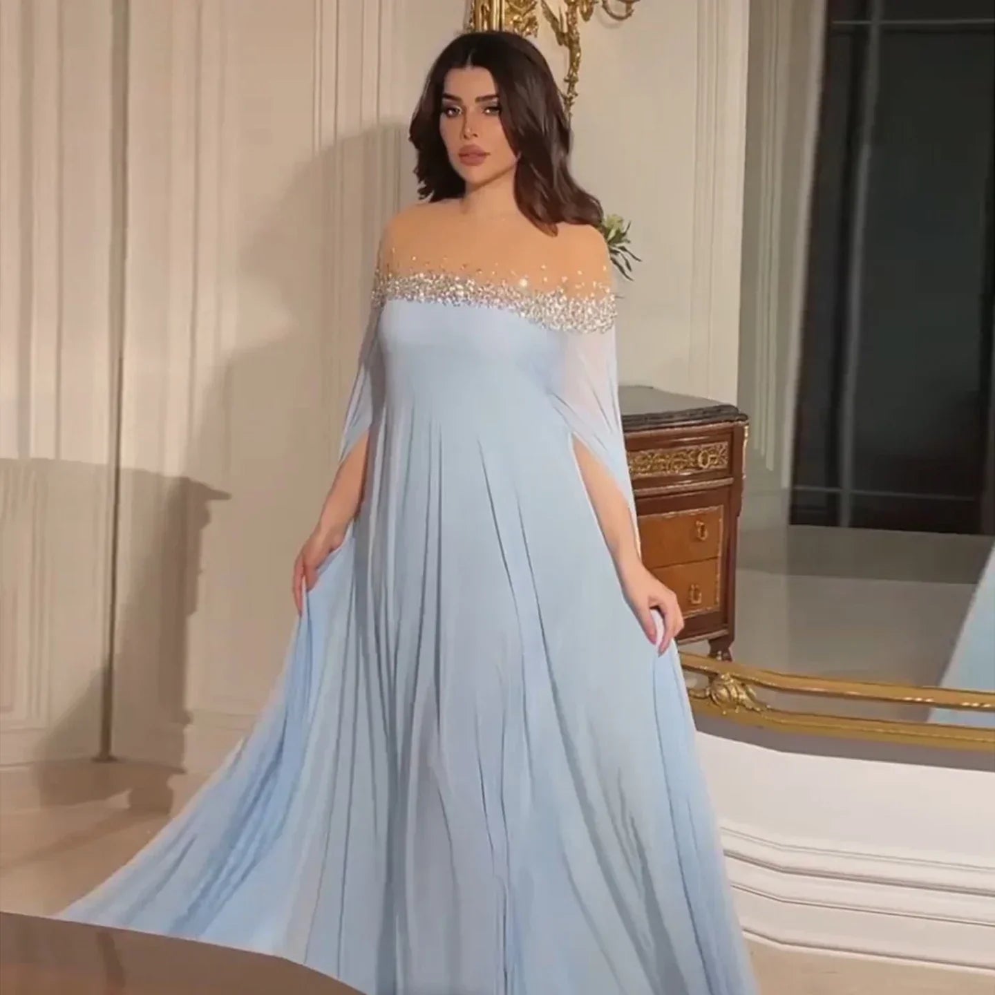 Rhinestone Beaded Illusion Neck Cape Sleeve Chiffon Maxi Gown