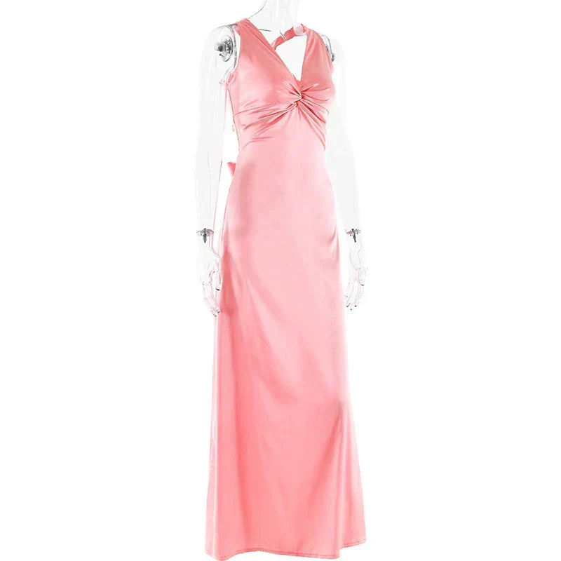 Satin Deep V-Neck Halter Twist Front Sleeveless Maxi Dress 8