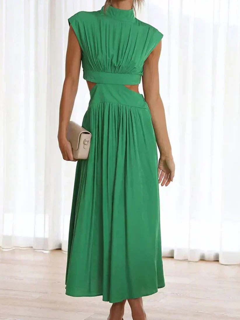 Sleeveless Mock Neck Side Cut Out Pleated Maxi Dress