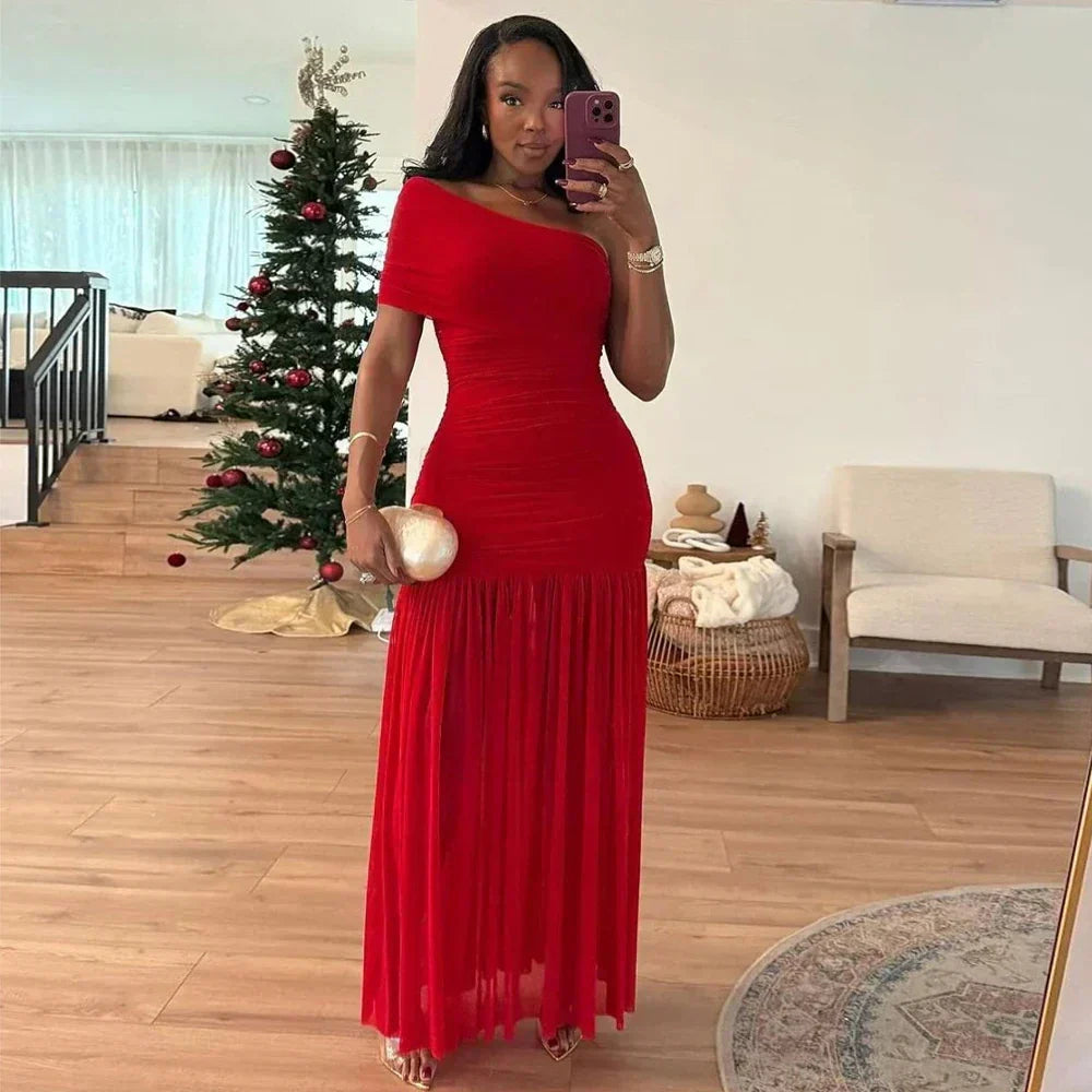 One Shoulder Ruched Mesh Drop Waist Pleated Maxi Dress