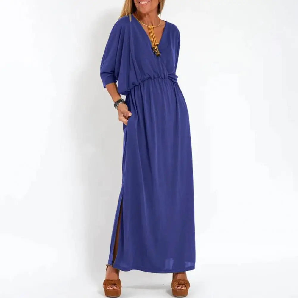 V-Neck Batwing Sleeve Elastic Waist Pocket Maxi Dress