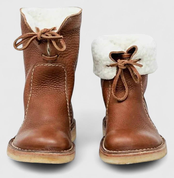 Fleece Cuff Lace Up Leather Ankle Boots