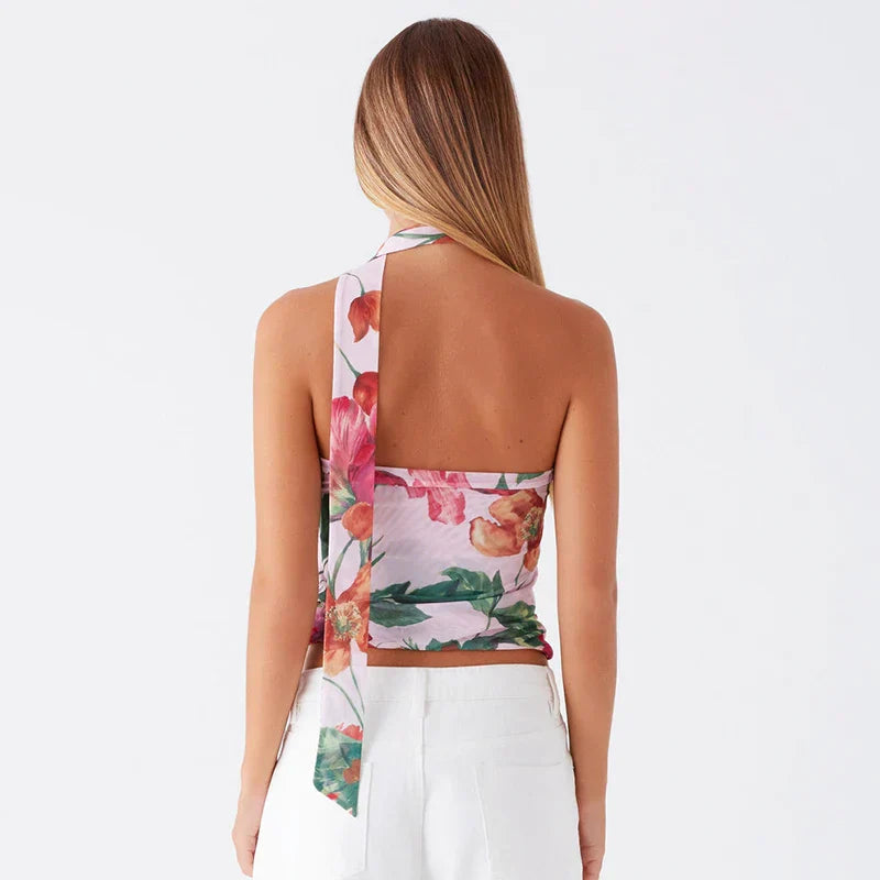 Color Collision Strapless Mesh Sheer Top