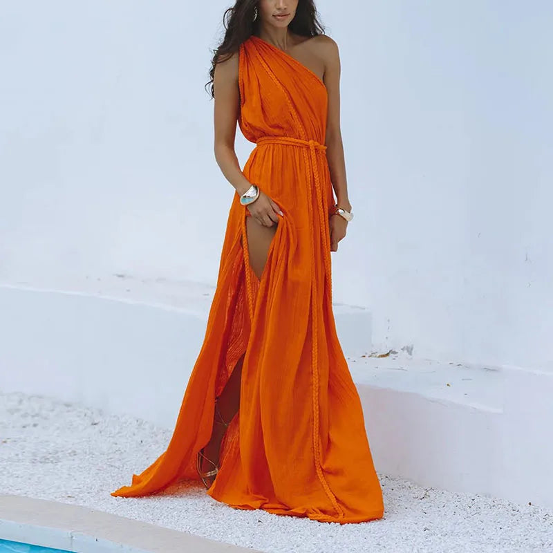 Braided Rope Trim One Shoulder Belted High Split Maxi Dress