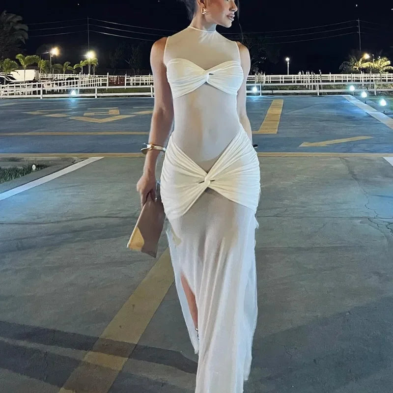 White See - Through Pleated Mesh Long Dress