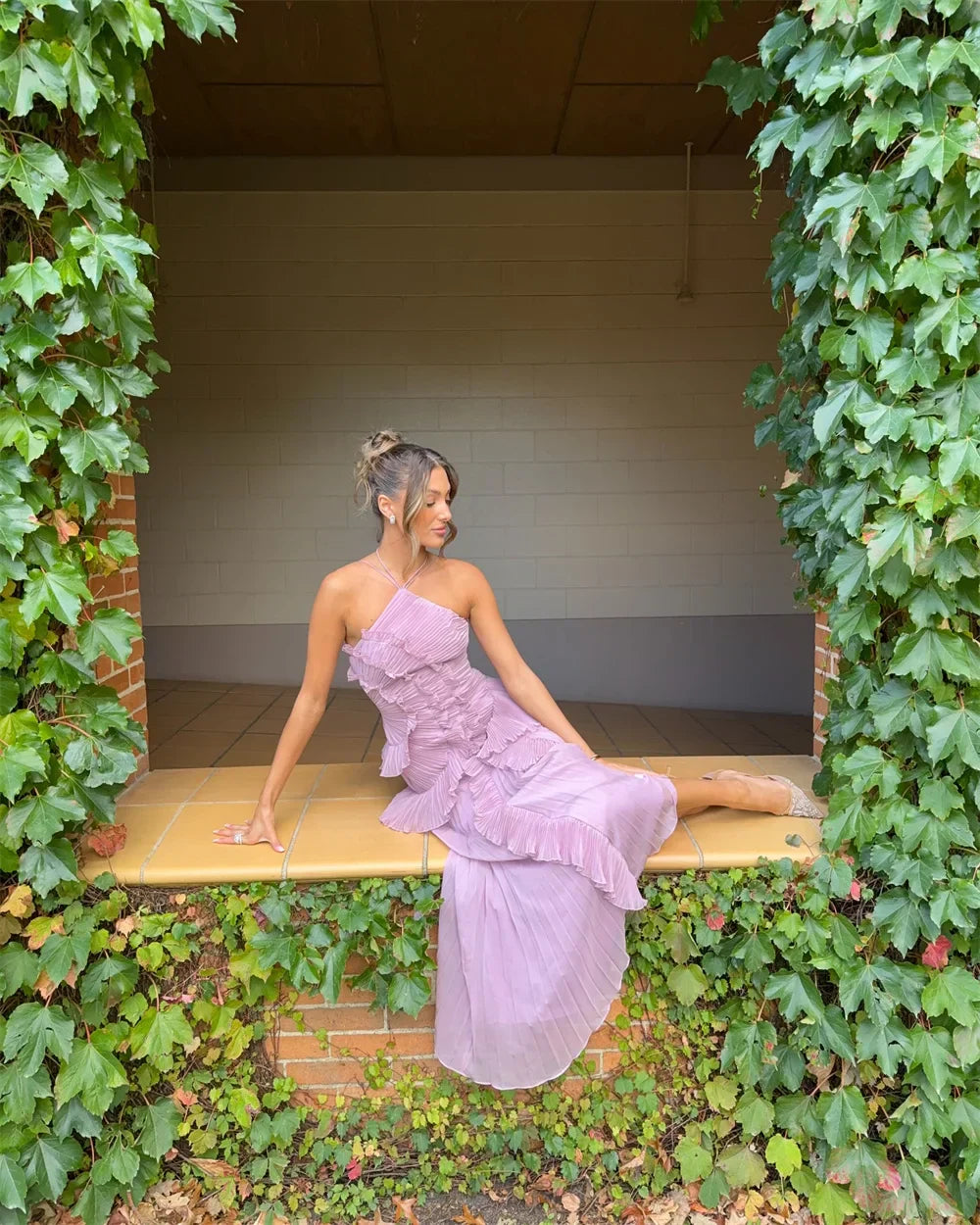 Satin Halter Neck Pleated Ruffle High Split Maxi Prom Dress