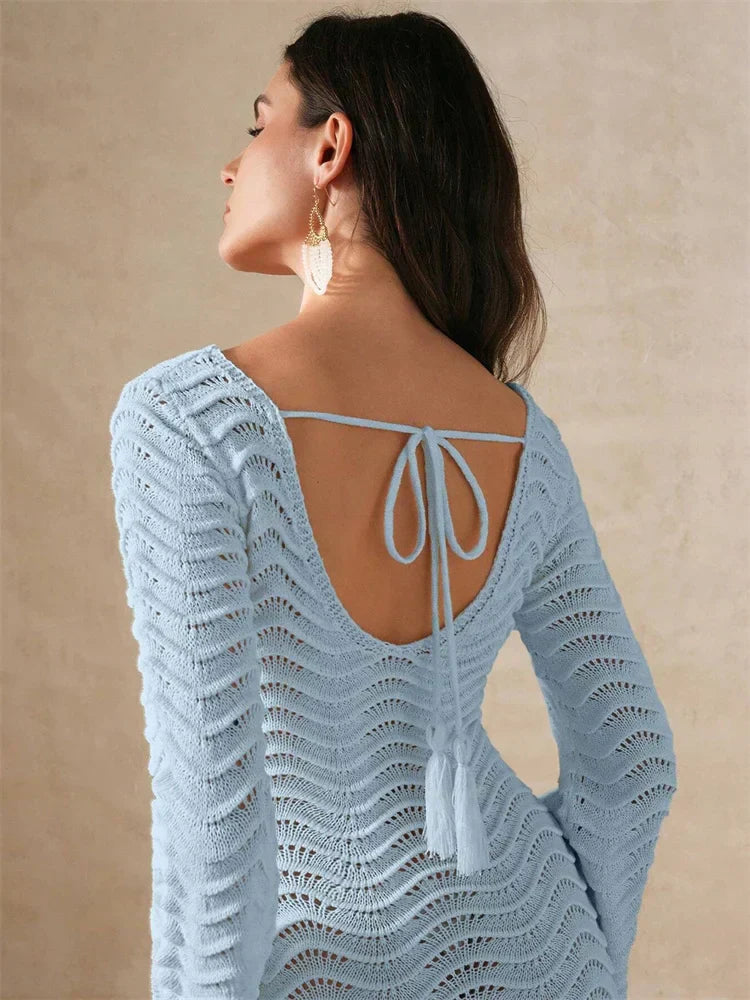 Open Knit Bell Sleeve Keyhole Metal Bar Back Tie Maxi Dress