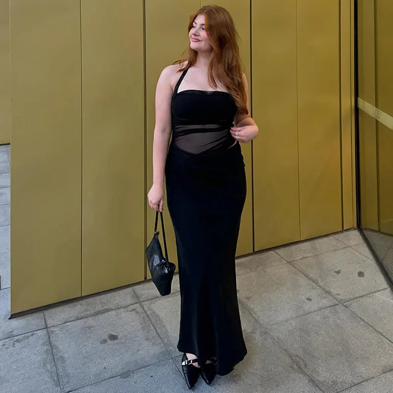 Mesh Halter Neck Backless Ruched Bodycon Maxi Dress