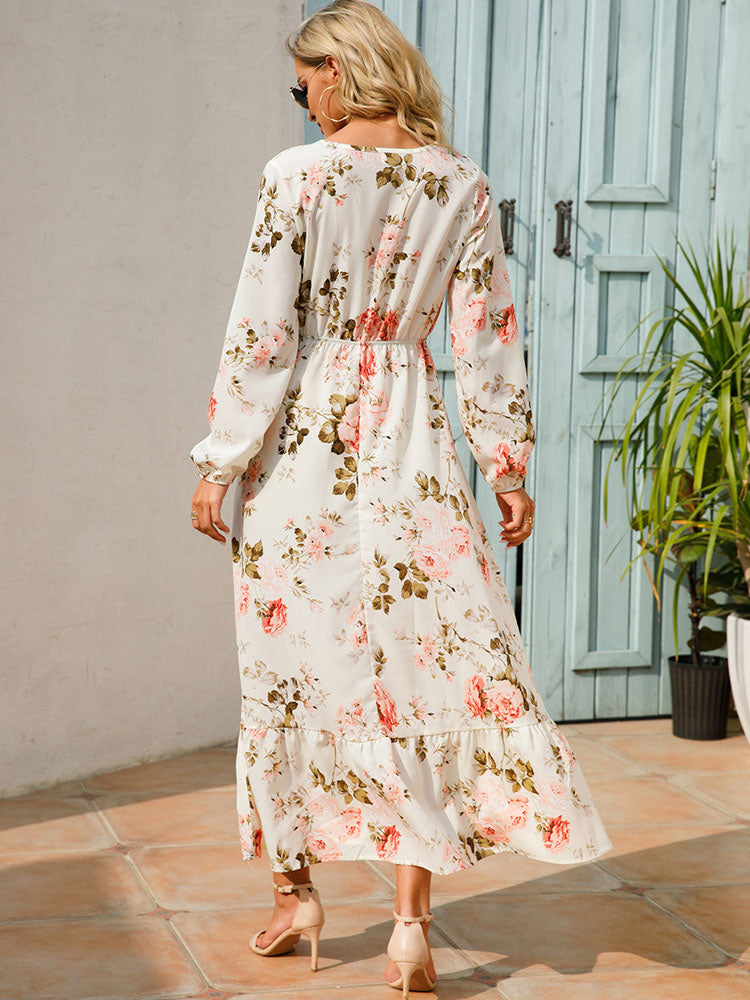 Floral Print Round Neck Long Sleeve Elastic Waist Ruffle Hem Maxi Dress 3