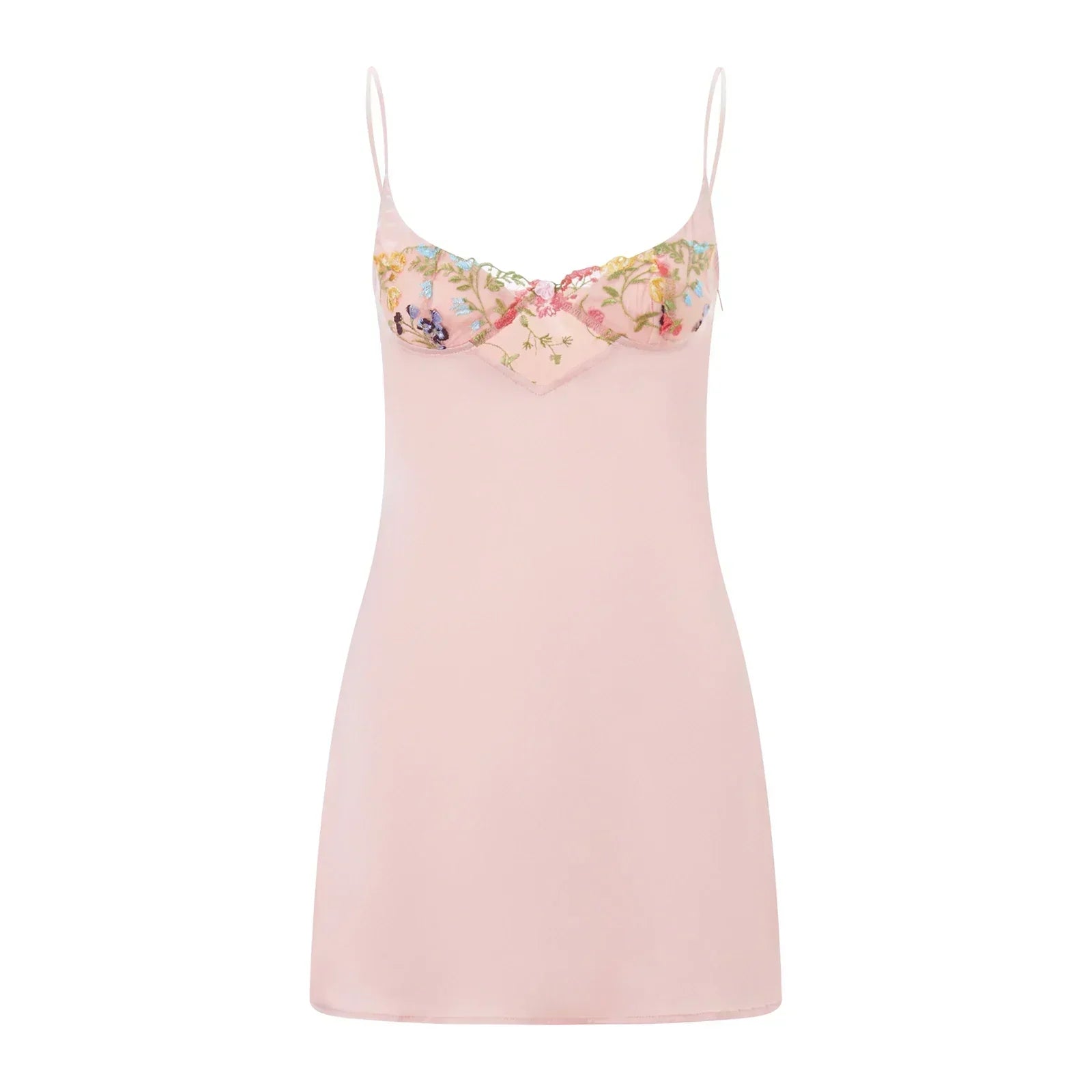 Satin Sweetheart Spaghetti Strap Floral Embroidery Slip Mini Dress