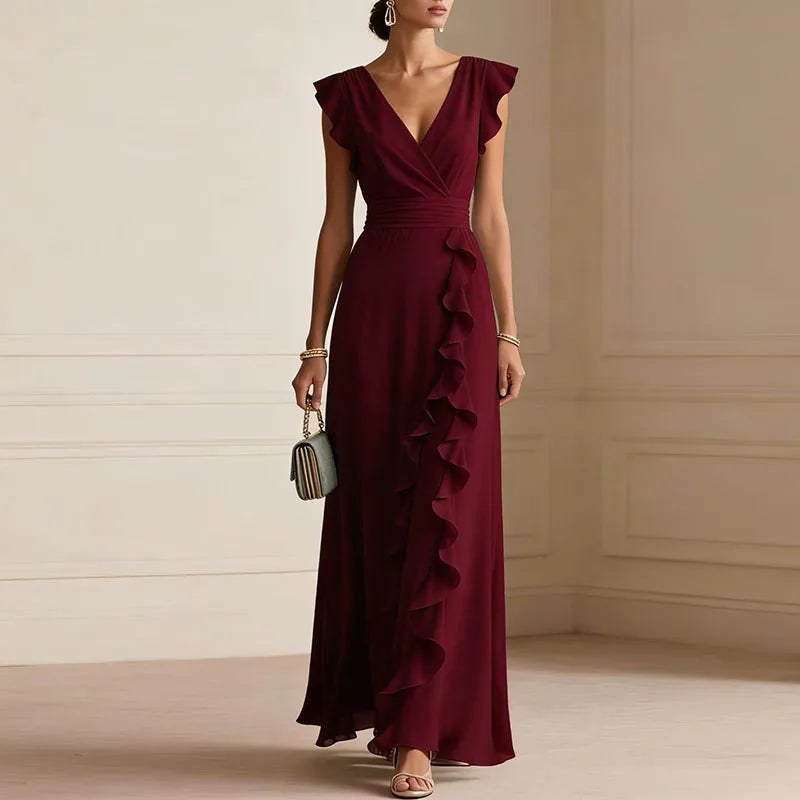 Chiffon Deep V-Neck Ruffle Cascade A-Line Maxi Gown 4