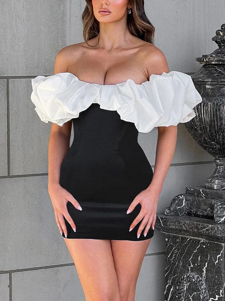 Off Shoulder Ruffle Puff Band Strapless Bodycon Mini Dress