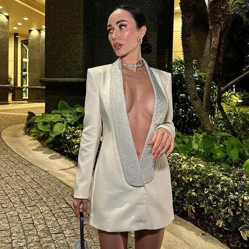 Melody Sequin Deep V Neck Blazer Dress