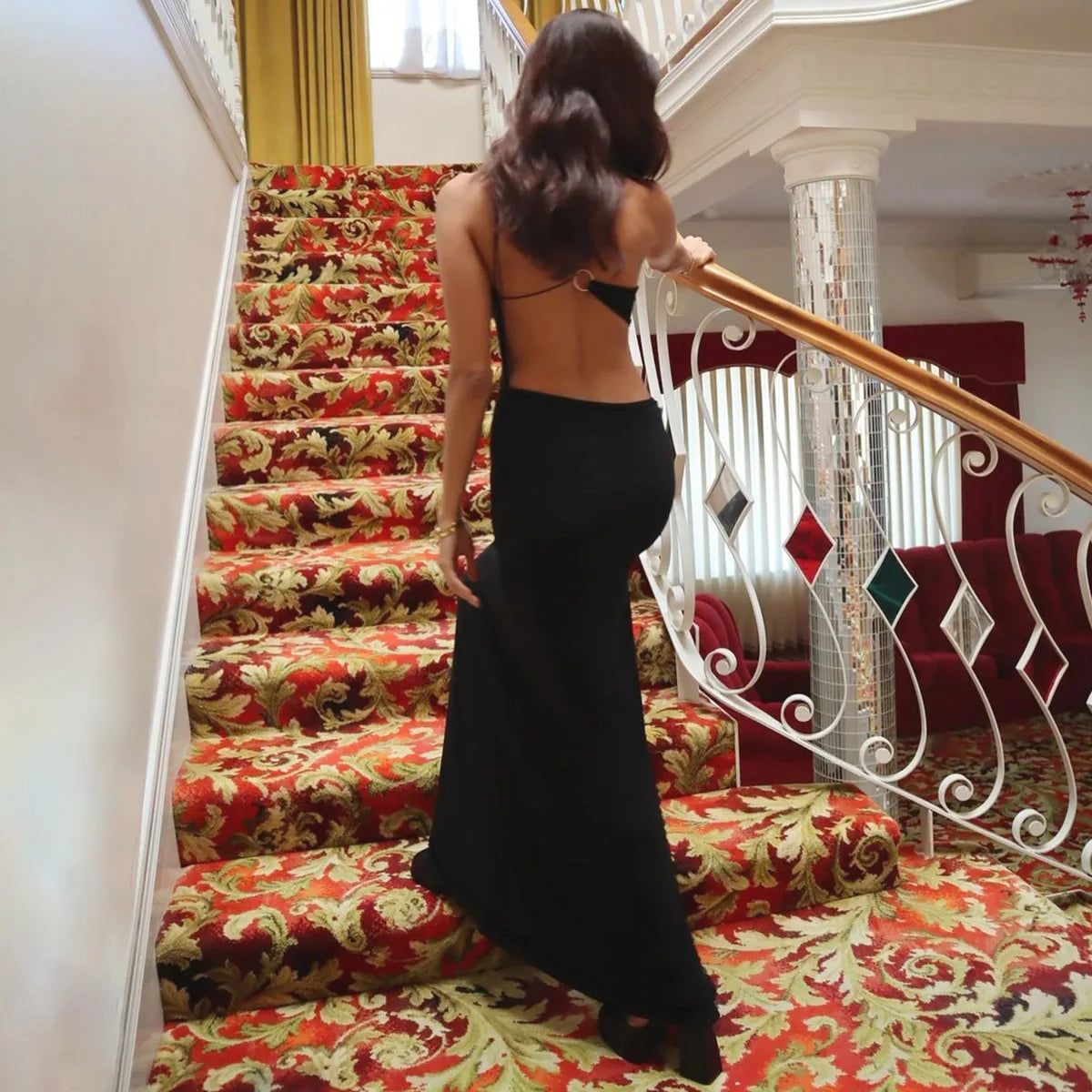 One Shoulder Keyhole Cut Out Lace Trim High Split Maxi Dress 4