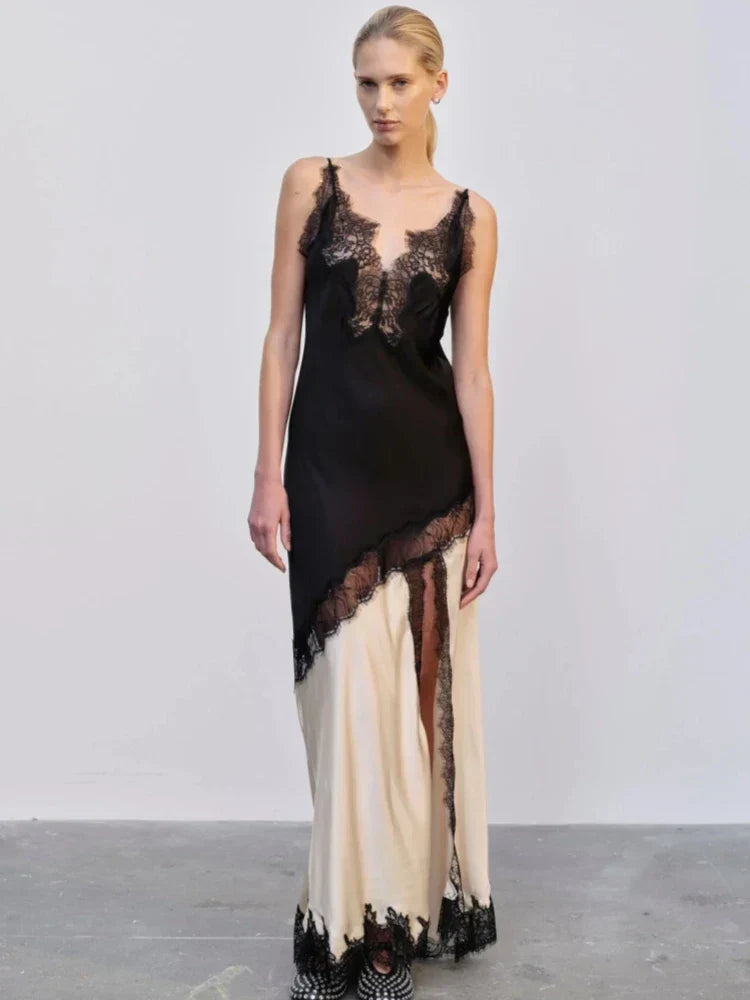 Satin V-Neck Lace Trim Colorblock High Split Maxi Slip Dress