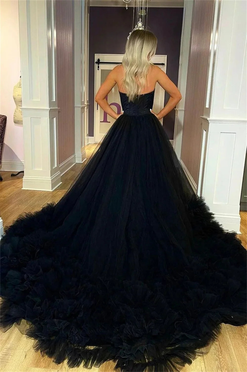 Strapless Black Layered Prom Dress