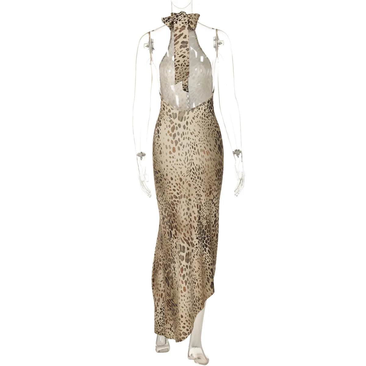 Leopard Print Halter Neck Lace Up Cut Out Ruched Bodycon Midi Dress