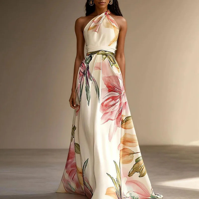 Floral Halter Neck Belted A-Line Maxi Dress